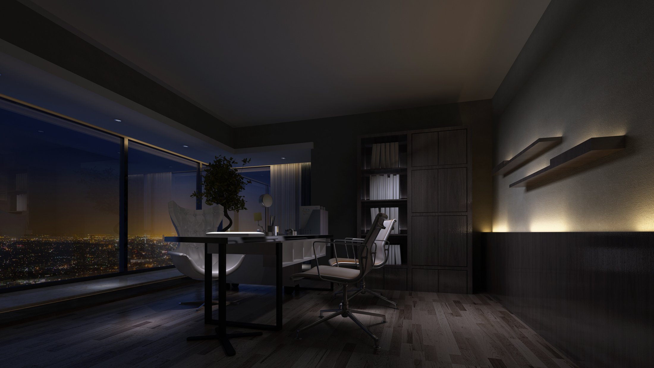 Night View of an Empty Home Office Interior